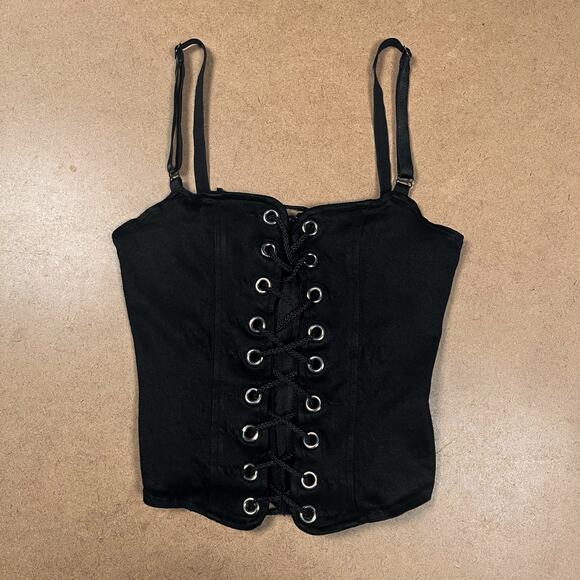 Y2K Lip Service Lace Up Front Corset Black Camisole Top XS Cami Vintage Goth - Picture 2 of 16